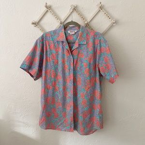 Mens Pink & Purple Floral Button Up Shirt Short Sleeves (Size L)
